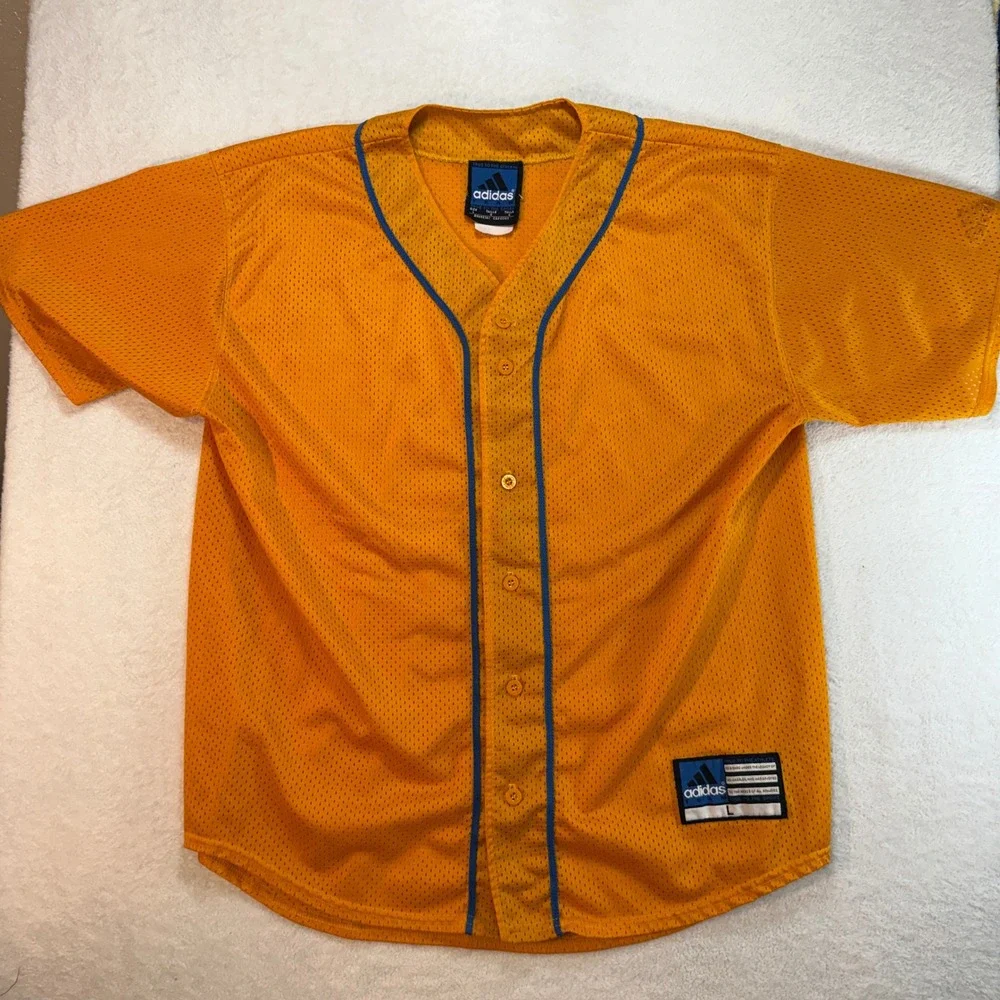 Adidas Team Mesh Baseball Jersey Orange Blue Piping Button Up Large RN88387